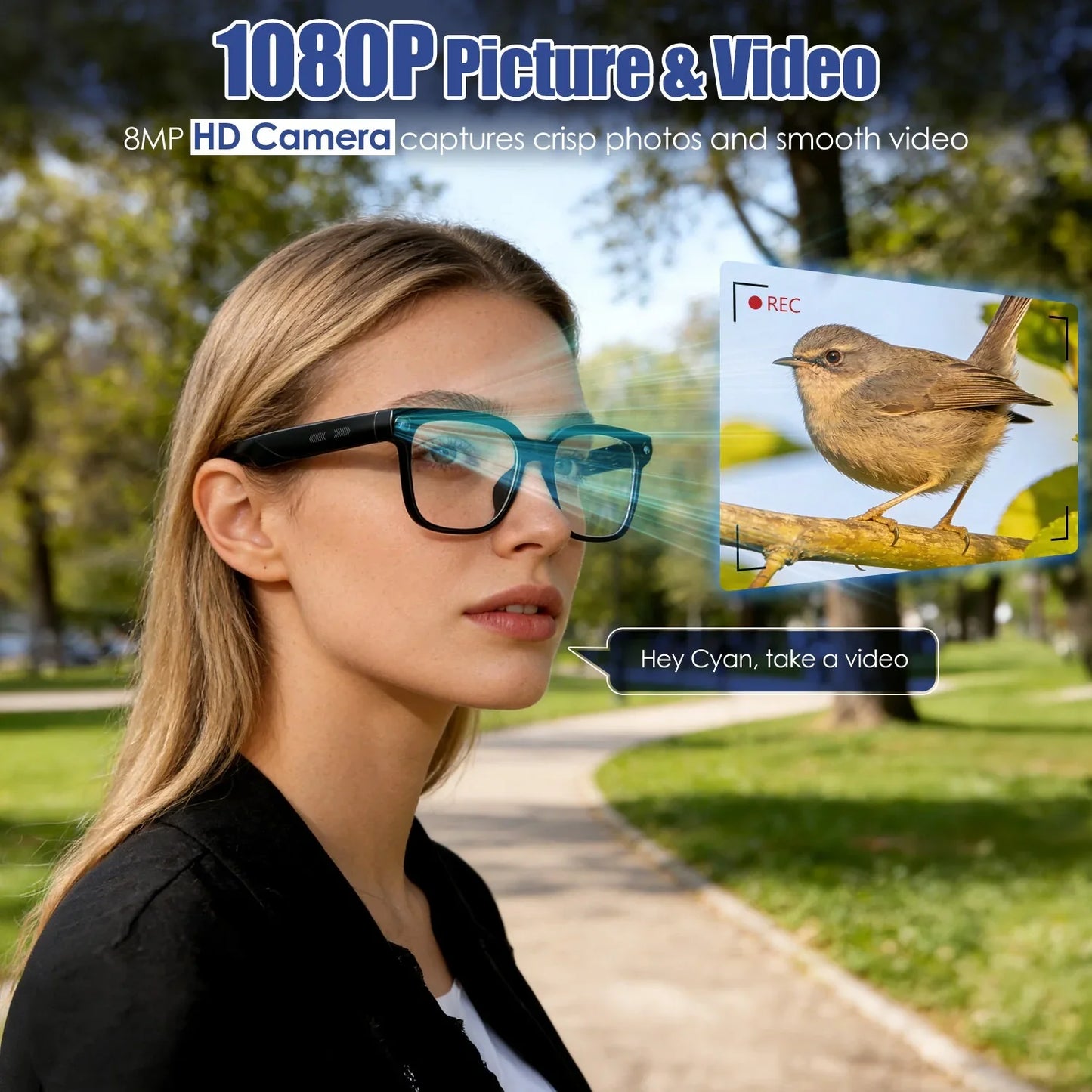 Woman wearing smart camera glasses outdoors, using voice control for HD photo and video recording.