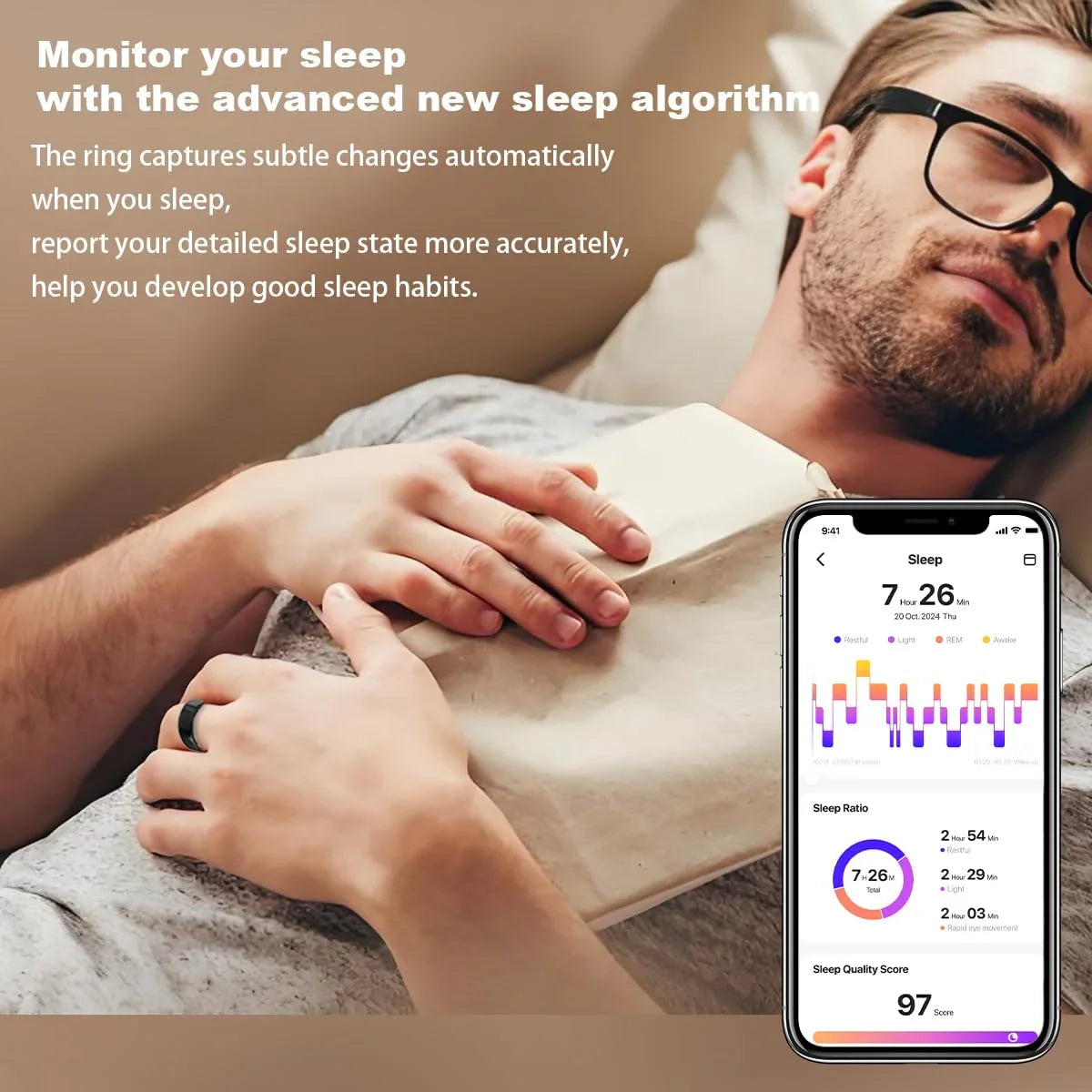 Man wearing smart ring sleeping, with phone displaying sleep monitoring app and analytics.
