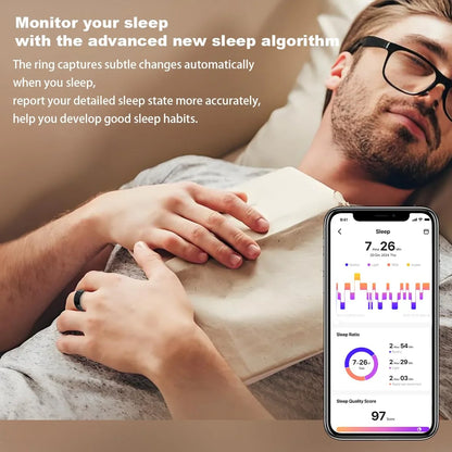 Man wearing smart ring sleeping, with phone displaying sleep monitoring app and analytics.