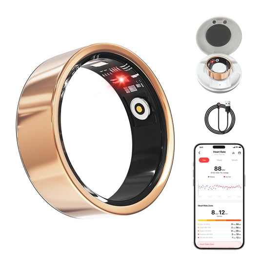 Gold smart ring with health sensor, charging case, USB cable, and smartphone health app display