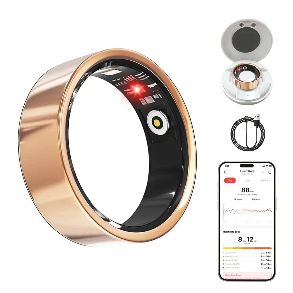 Gold smart fitness ring with heart rate sensor, charging dock, USB cable, and app interface