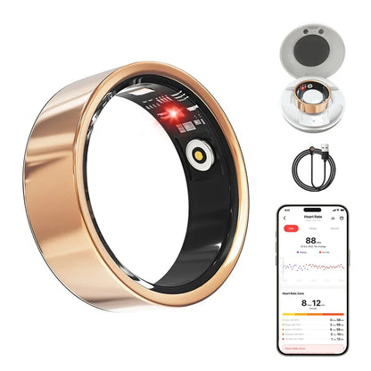 Gold smart fitness ring with heart rate sensor, charging dock, USB cable, and app interface