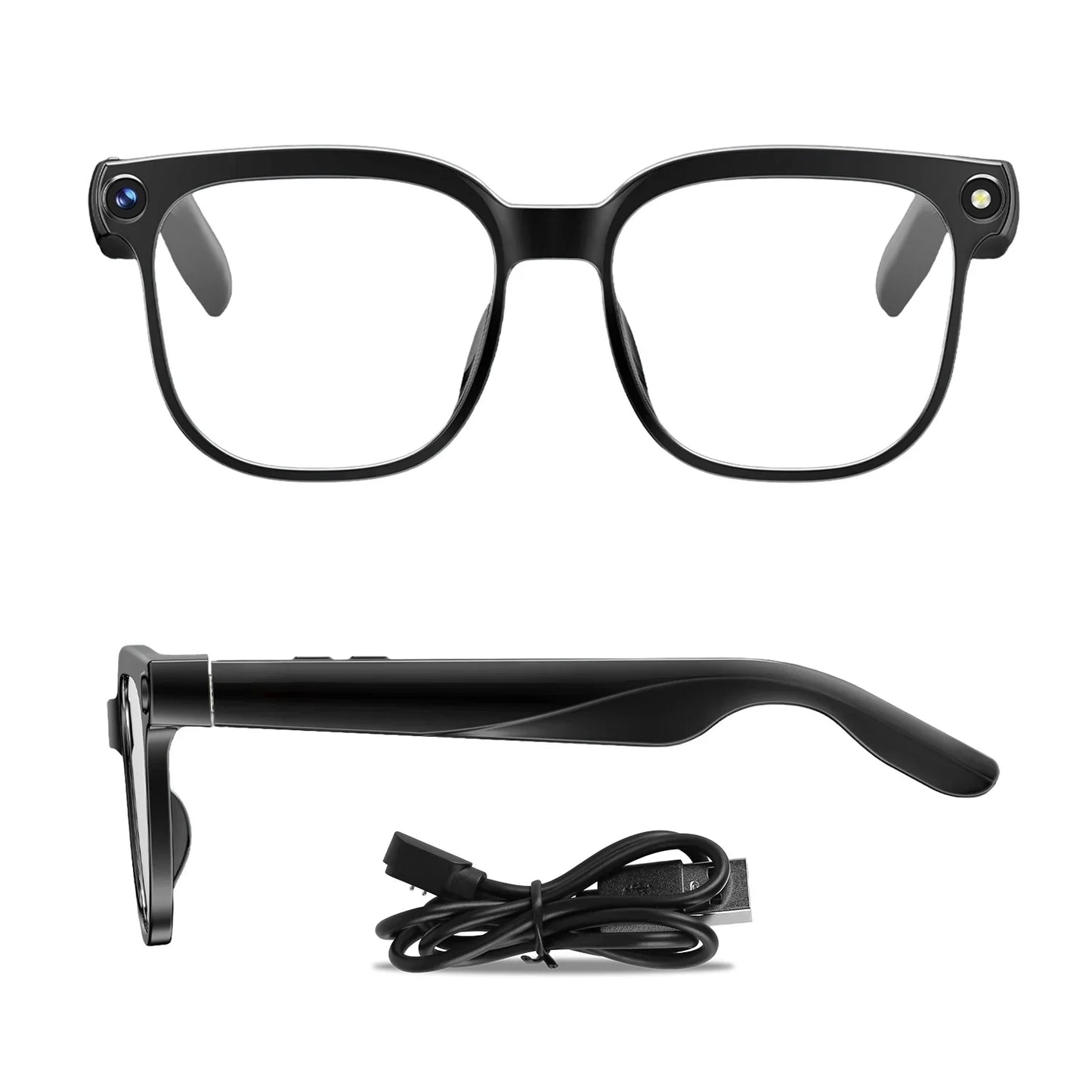 Smart black camera glasses with built-in camera lens and USB charging cable