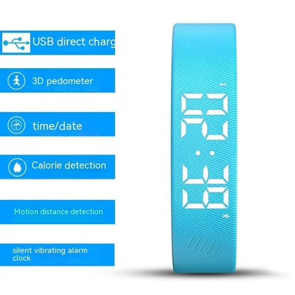 Blue digital fitness tracker with 3D pedometer, calorie, and distance tracking features.