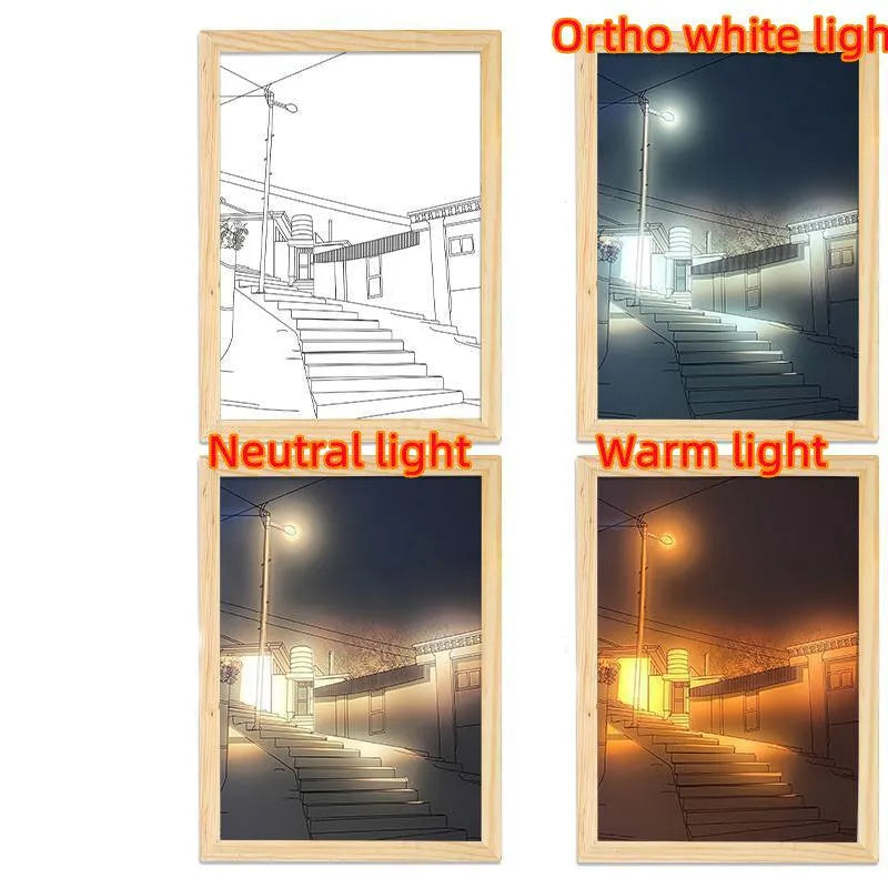 Four framed images showing a stairway with a street lamp in different lighting: line art, ortho white light, neutral light, and warm light
