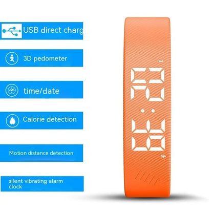 Orange digital fitness tracker wristband with health tracking and alarm features