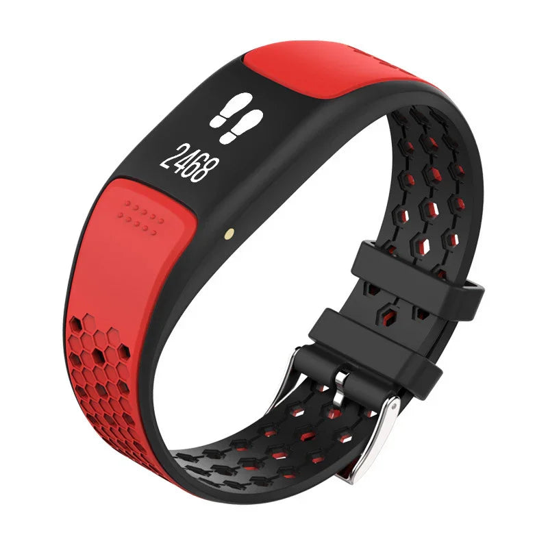Red and black fitness tracker smart wristband with digital step counter display