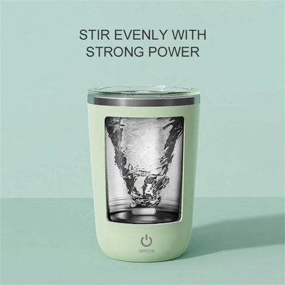 Electric self-stirring mug with clear window showing water vortex and power button