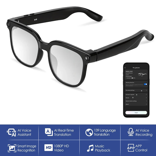 Smart AI glasses with camera, voice assistant, language translation, and phone app control