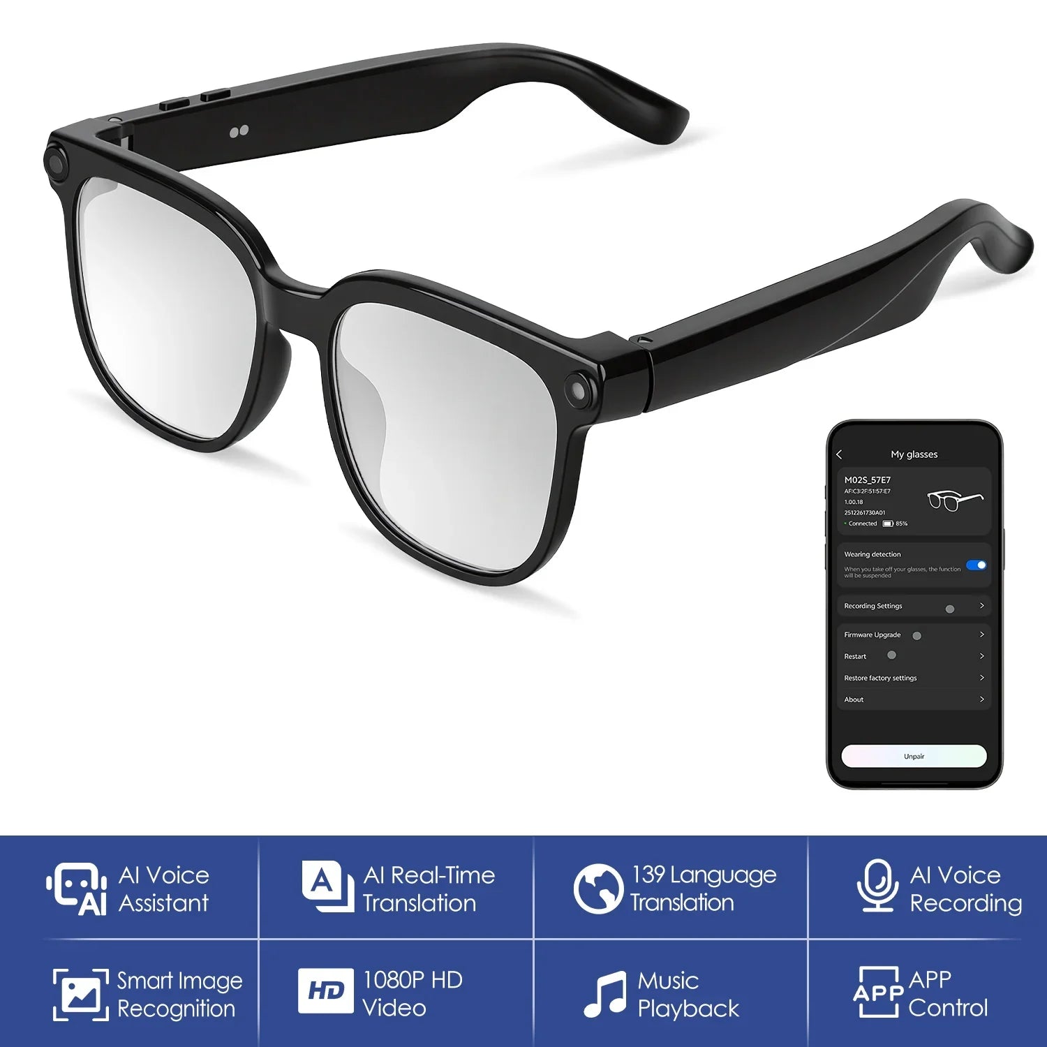 Smart black AI glasses with camera, Bluetooth app control, and multifunctional features