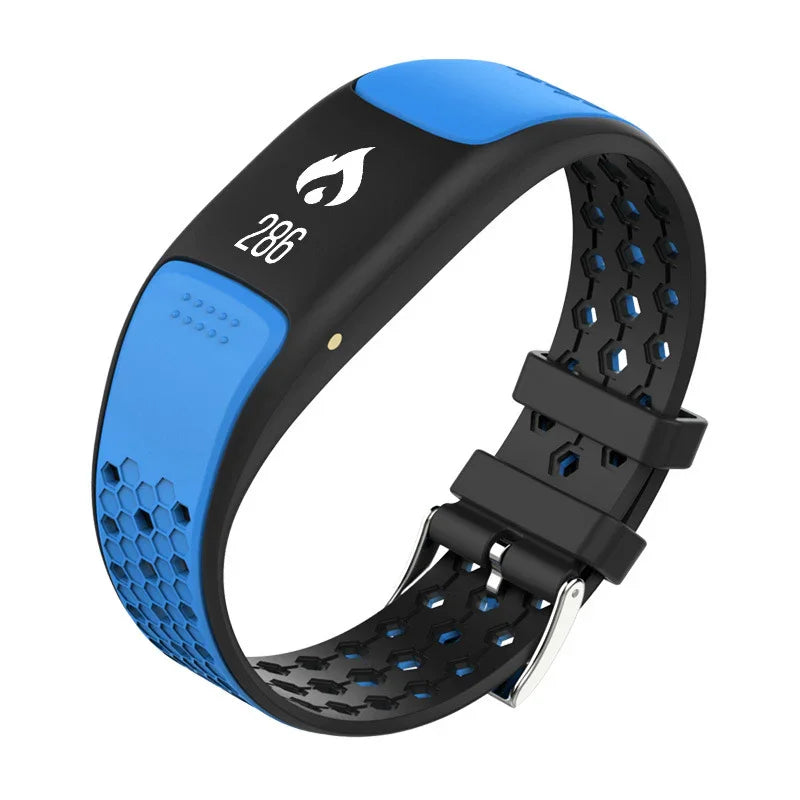 Blue and black smart fitness tracker with digital calorie display and honeycomb band design
