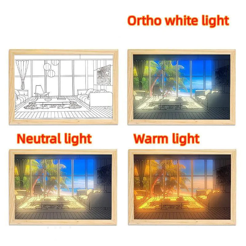 Four framed images showing a living room with large windows under ortho white, neutral, and warm lighting effects