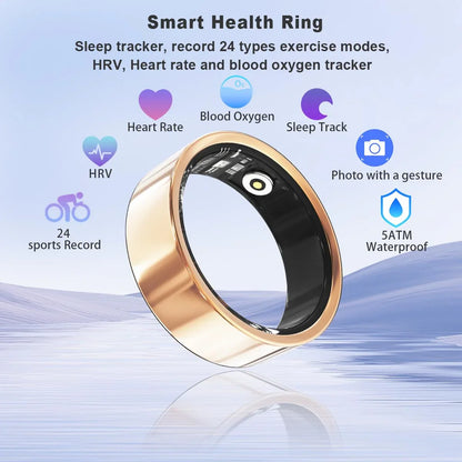 Gold smart health ring on blue background, featuring heart rate, sleep tracking, waterproof, blood oxygen monitor, HRV, and exercise mode icons.