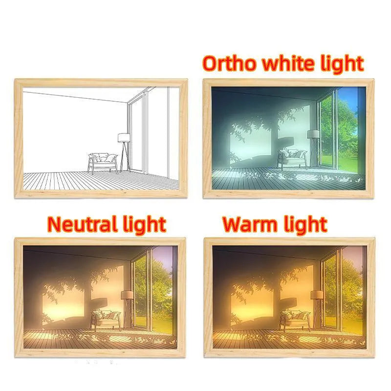 Four framed images of a living room corner with sofa and lamp, illustrating ortho white, neutral, and warm lighting effects