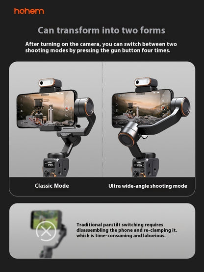 Hohem camera gimbal showing two forms: classic mode and ultra wide-angle shooting mode with smartphone setup