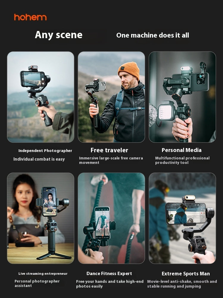 hohem handheld smartphone gimbal stabilizer used by photographer, traveler, media creator, live streamer, fitness expert, and extreme sports enthusiast