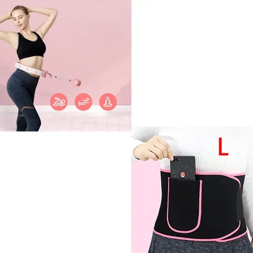Adjustable smart fitness hoop in use and close-up of a waist belt with pocket.
