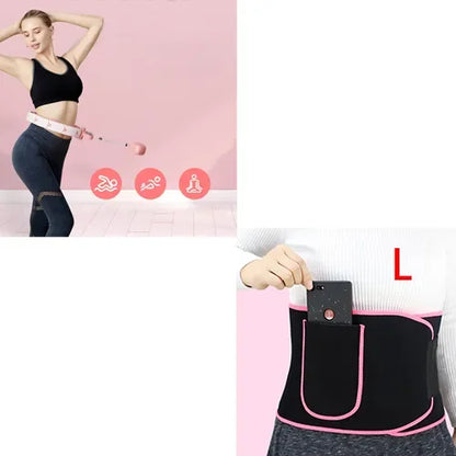 Adjustable smart fitness hoop in use and close-up of a waist belt with pocket.