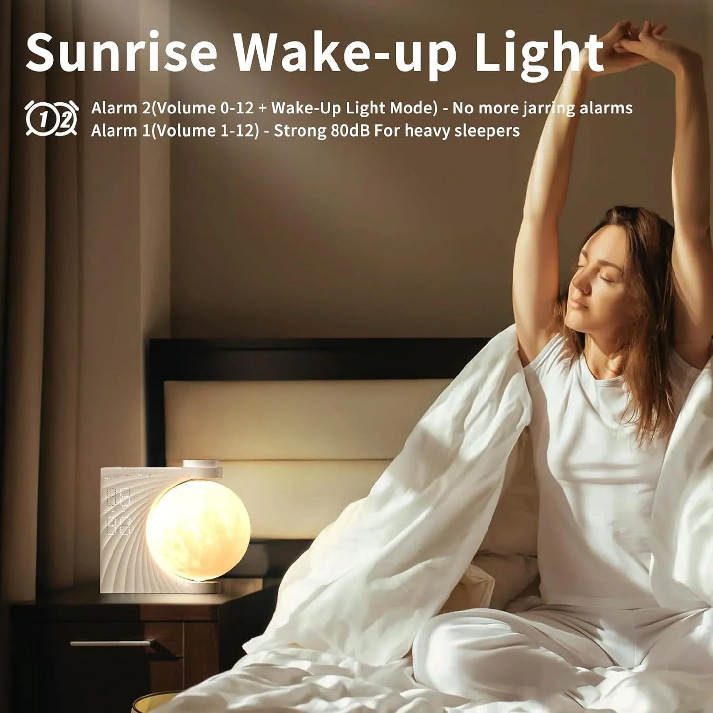 Moon Lamp Alarm Clock with White Noise and Sunrise Wake-Up Light