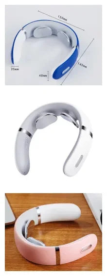Smart electronic neck massager in blue, white, and pink, wearable pain relief device.