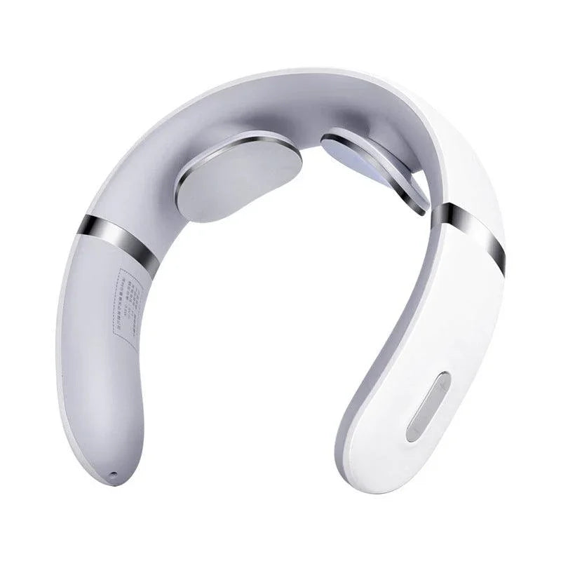 White smart neck massager with silver accents and metal contact pads, isolated on white.