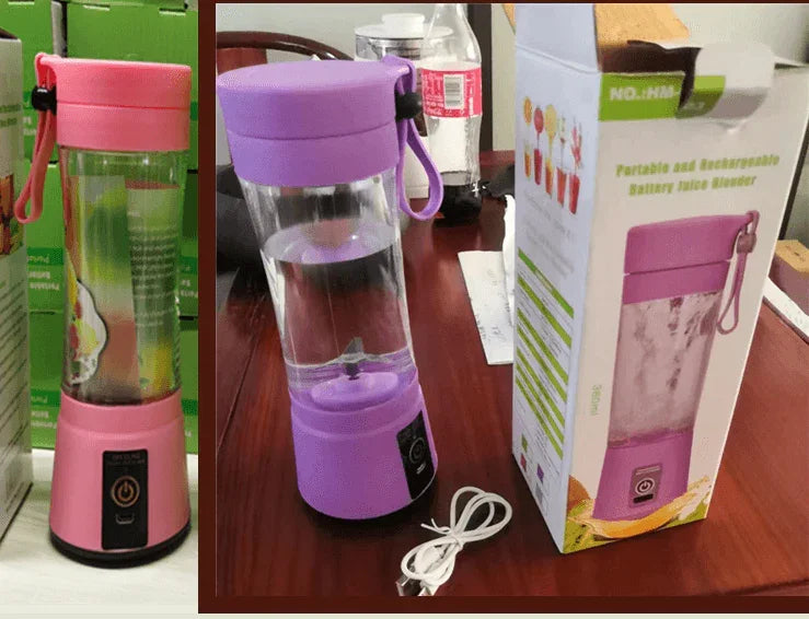 Portable rechargeable battery juice blender with purple lid and base, USB charging cable and packaging box on table