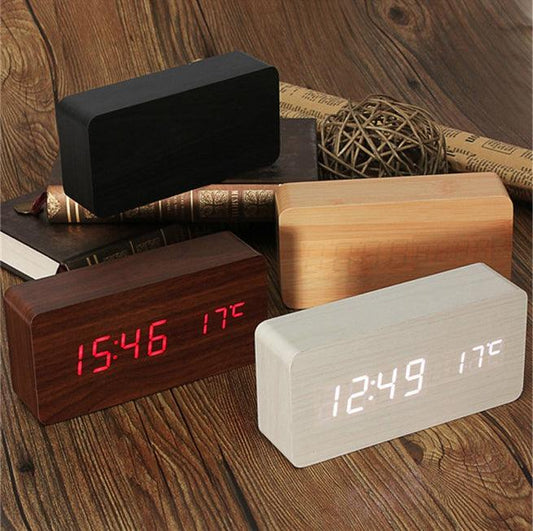 Wooden LED Alarm Clock with Voice Control - SmartGizmoShop
