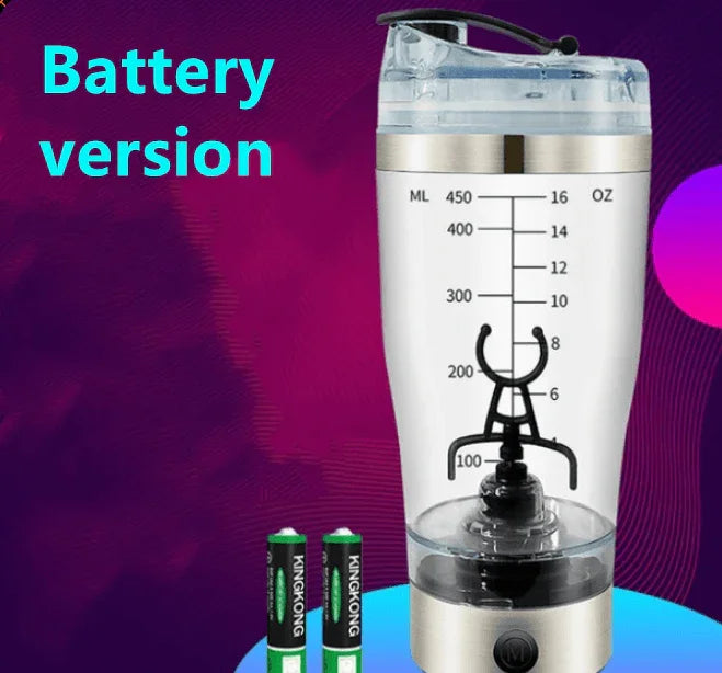 Battery-operated portable electric protein shaker bottle with measurement markings and two AA batteries
