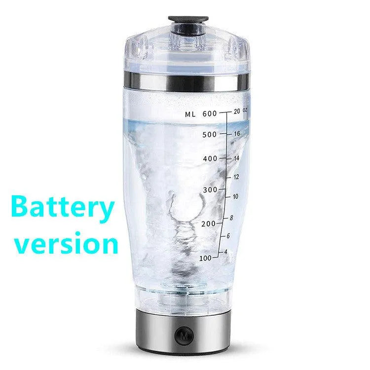 Battery-operated electric protein shaker bottle with clear body and measurement marks