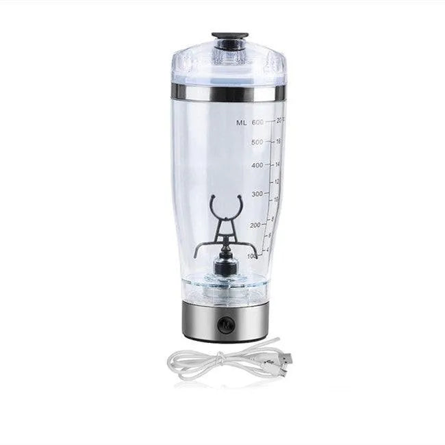 Portable electric protein shaker bottle with USB charging cable and measurement markings
